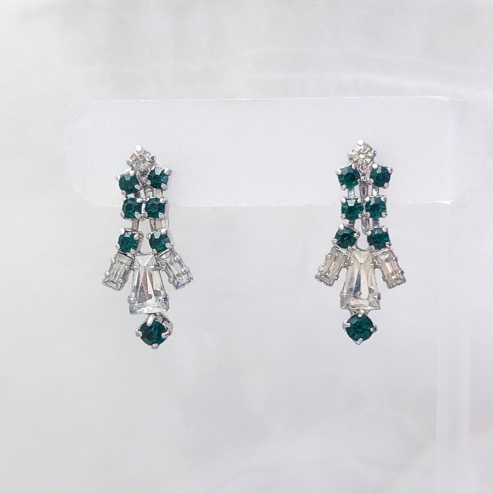 Vintage Screw On Earrings Regal Green & Clear Gem Dangle Drop Elegant Statement
